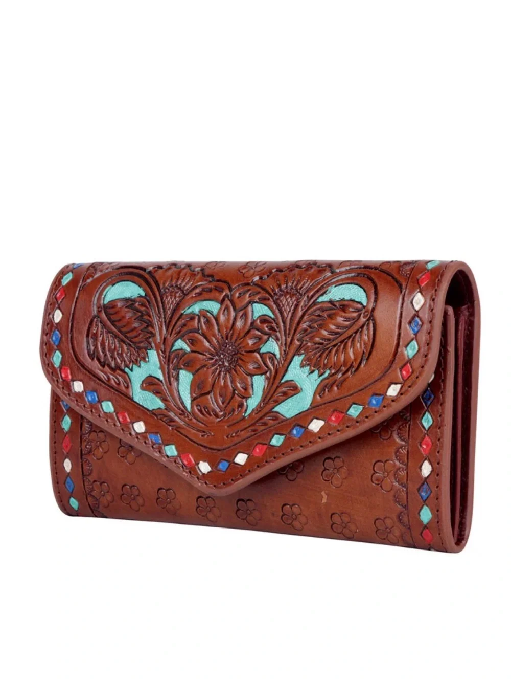 Western Wallet Hand-Tooled Floral Leather Wallet in Brown with Turquoise Accents